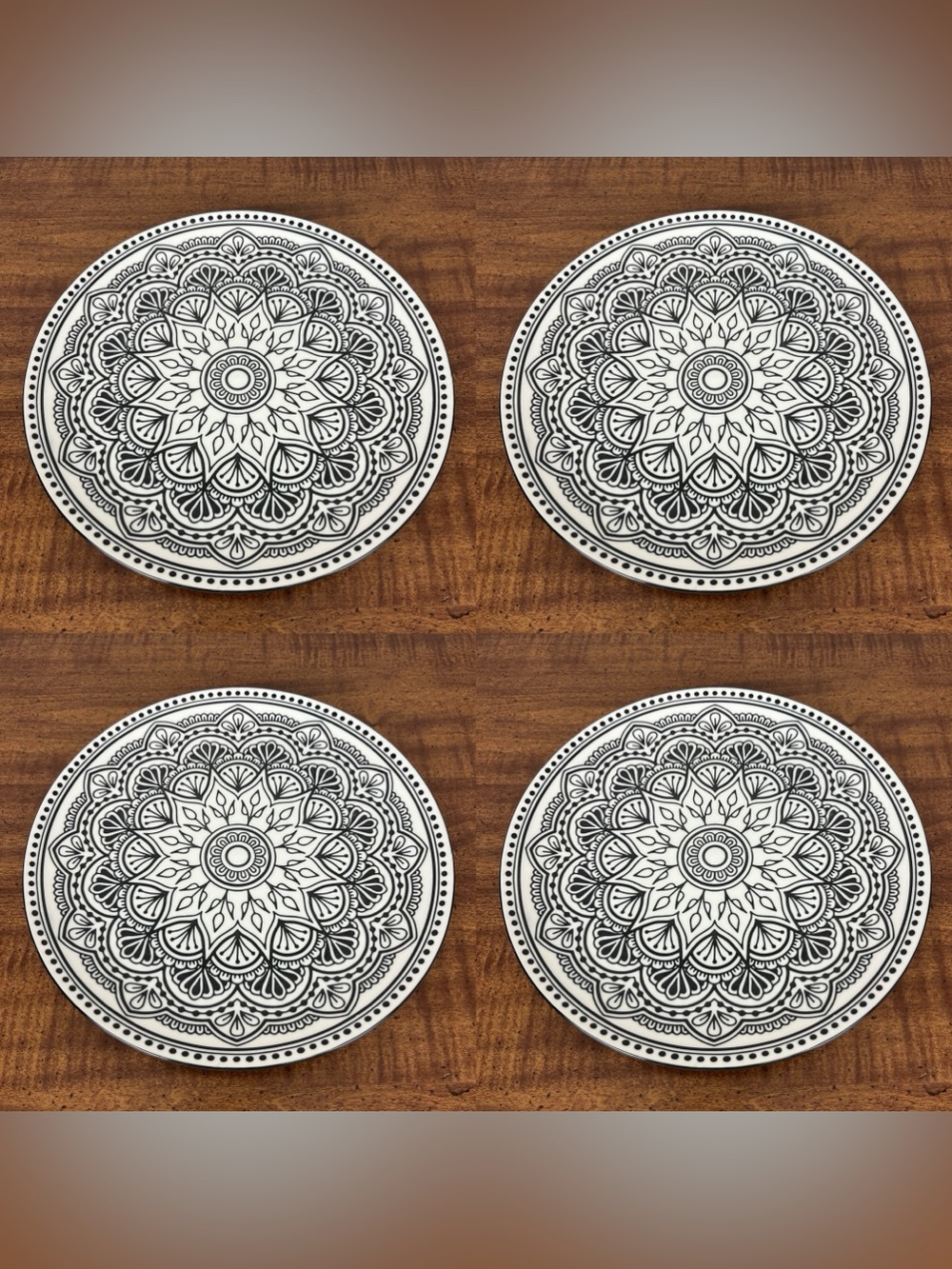 Royal Norfolk 4 Mediterranean Dinner Plates Black White Mandela Coastal 10.5”
